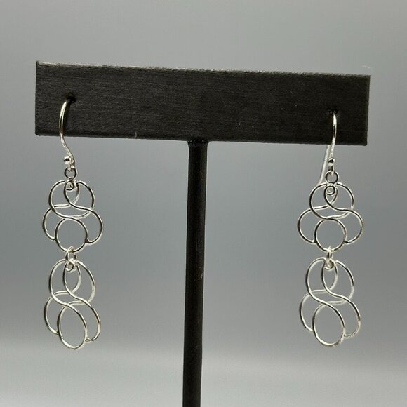 Sterling Silver Dangle Earrings Openwork Swirl Design Lightweight 925 Pierced - Picture 2 of 10